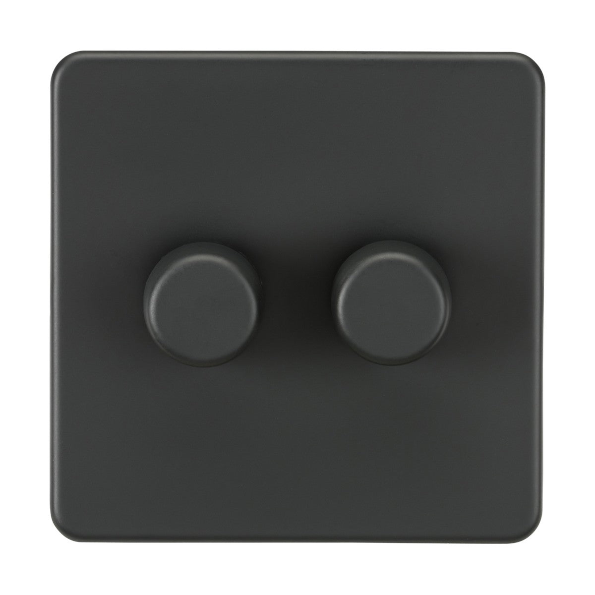The 2 Gang 2-Way Intelligent Dimmer in anthracite features two round knobs, a screwless low-profile design, and a square shape against a white background. Its sleek, modern aesthetic makes it ideal for contemporary spaces, handling 10-200W (5-150W LED).