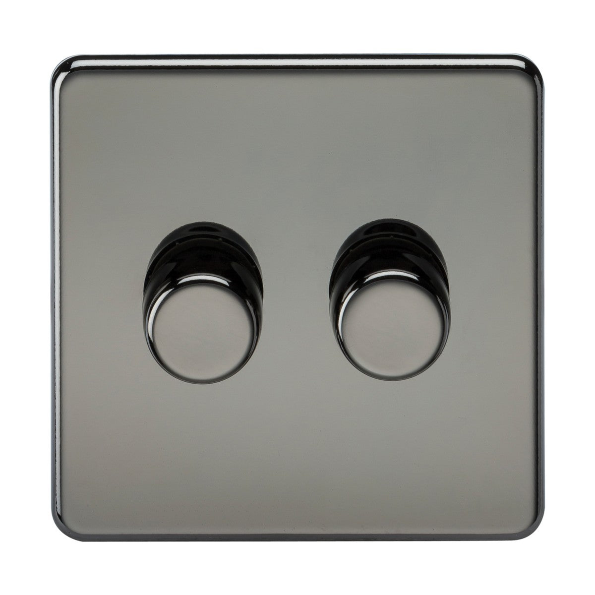 The 2 Gang 2-Way Intelligent Dimmer in Black Nickel is a sleek, screwless light switch with two round knobs on a square plate. Its modern trailing-edge design ensures efficient lighting control for 10-200W (5-150W LED) setups, blending minimalist style with advanced functionality.