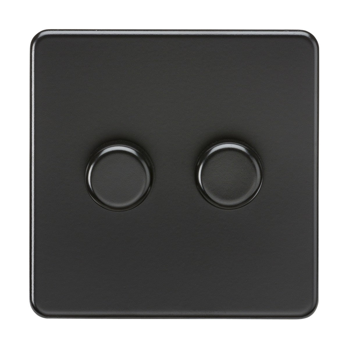 The 2 Gang 2-Way Intelligent Dimmer in Matt Black features a sleek, screwless design with rounded knobs for seamless lighting control, offering a modern look ideal for stylish interiors. Suitable for LEDs (5-150W) and other bulbs (10-200W).