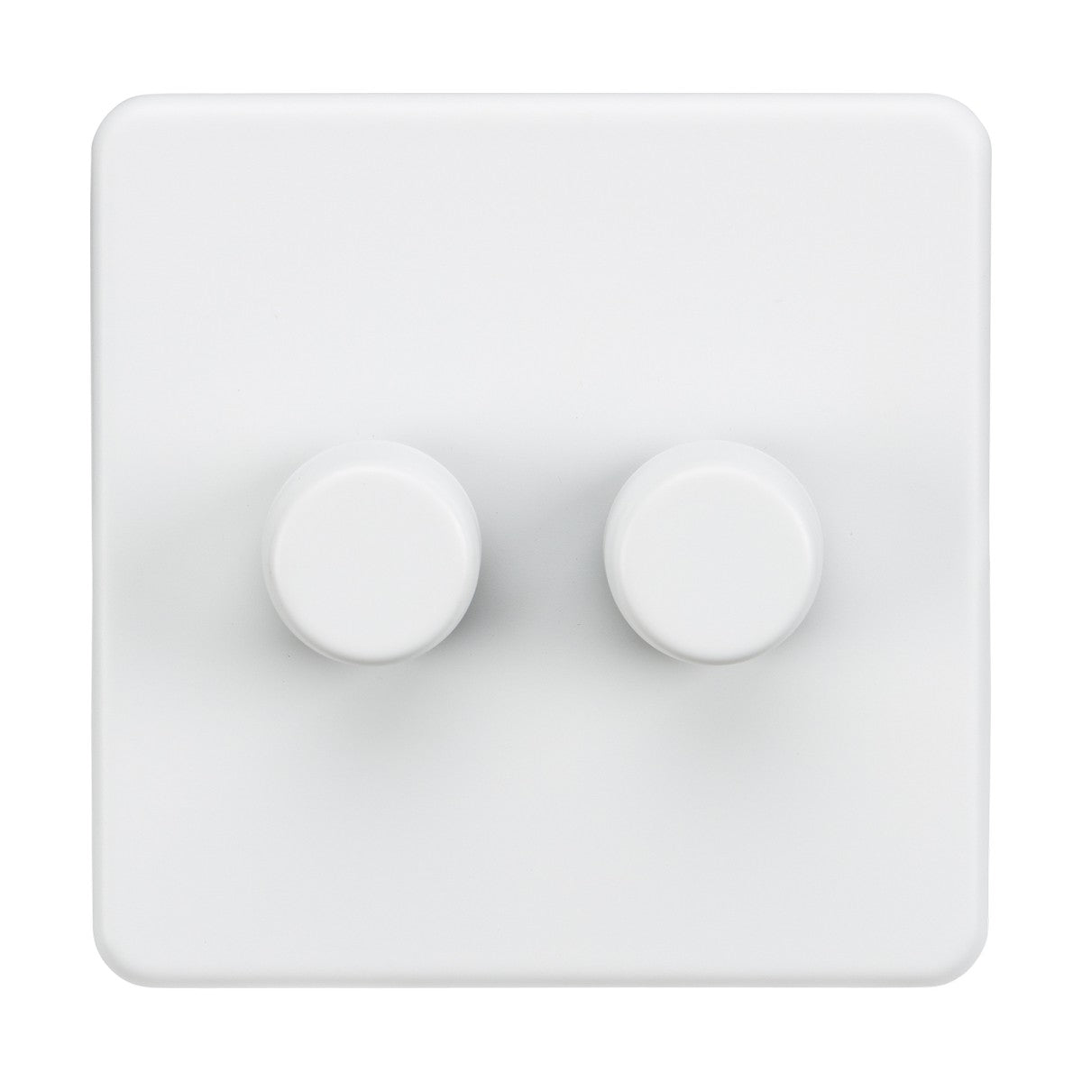 The 2 Gang 2-Way Intelligent Dimmer in Matt White is a screwless double dimmer switch with two round knobs on a square plate, providing precise lighting control. Its minimalistic and perfect for modern interiors.
