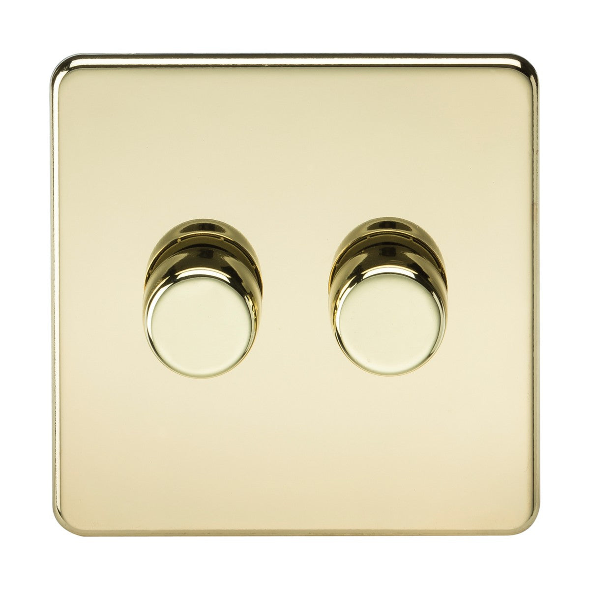 The polished brass light switch plate, known as the 2 Gang 2-Way 10-200W (5-150W LED) Intelligent Dimmer, showcases two round toggles and a modern screwless finish.