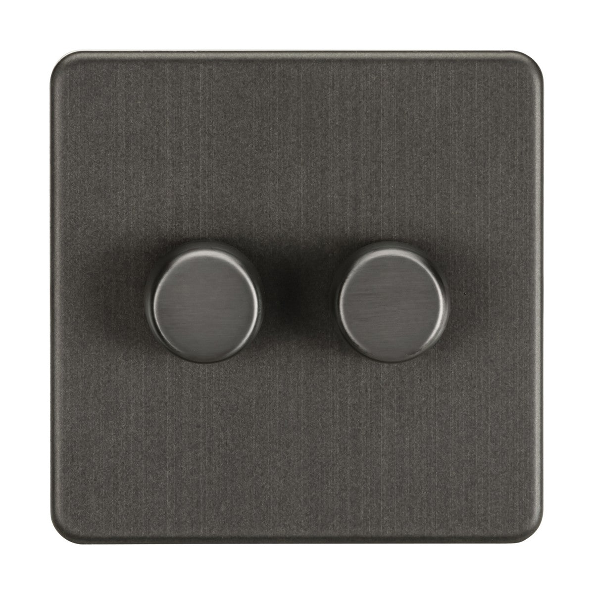 A smoked bronze, square switch plate features a 2 gang, 2-way intelligent dimmer with rotary knobs for controlling dimmable lamps. It has a brushed finish for a sleek, modern look and supports 10-200W (5-150W LED).