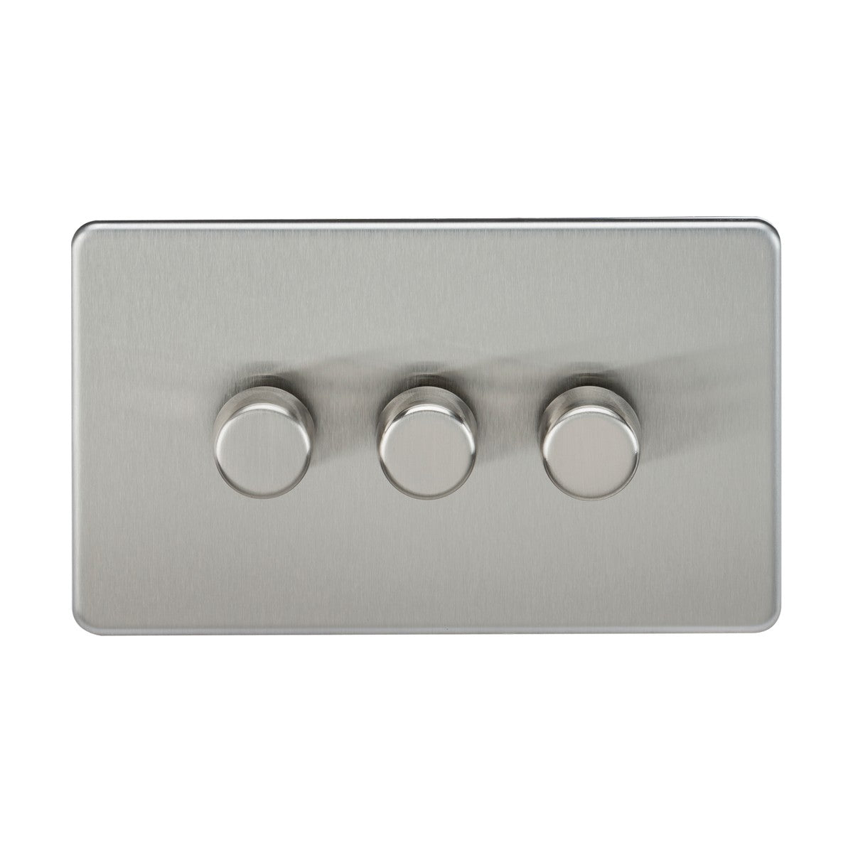 Introducing the 3 Gang 2-Way 10-200W (5-150W LED) Intelligent Dimmer in a sleek, brushed chrome finish. This stainless steel panel features three horizontally aligned, round dimmer knobs with a modern screwless design. It offers trailing-edge dimming and overheat protection for enhanced safety and style.
