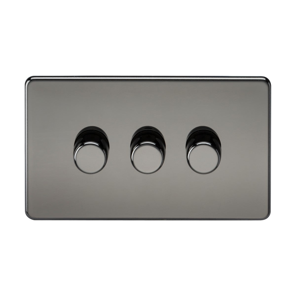 A sleek and modern black nickel three-gang intelligent dimmer switch plate with rotary dimming action, set against a white background. This minimalist design features a smooth finish and a rectangular shape with slightly rounded edges, offering a screwless low profile for an elegant solution.