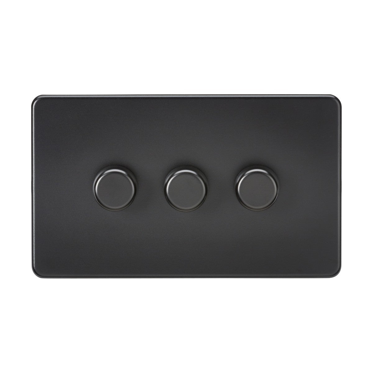 A stylish matt black rectangular light switch panel featuring three round dials, crafted as a screwless dimmer for effortless control of dimmable lamps, known as the 3 Gang 2-Way 10-200W (LED 5-150W) Intelligent Dimmer.