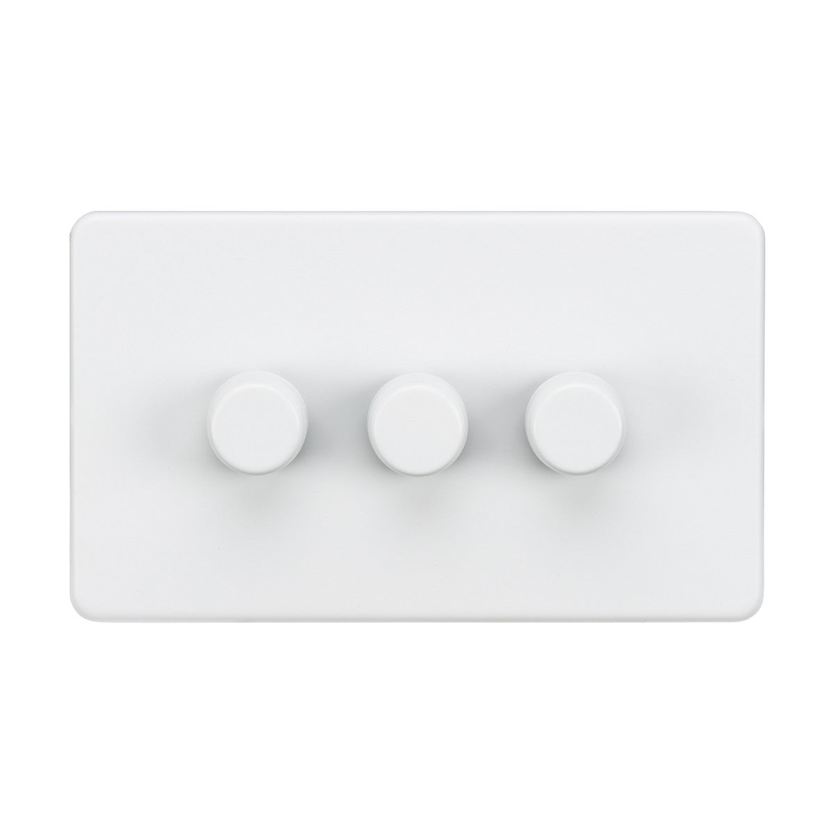 The 3 Gang 2-Way 10-200W (5-150W LED) Intelligent Dimmer in matt white features a rectangular design with a low profile. It has three circular, centrally aligned knobs for effortless control of dimmable lamps, and a minimalist screwless panel provides a smooth surface.