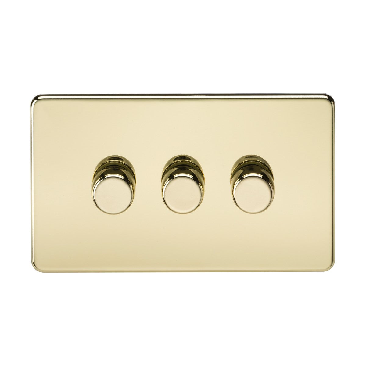 A polished brass triple dimmer light switch featuring a screwless rectangular plate design. The device includes three horizontally aligned circular knobs, each designed to adjust the brightness of dimmable lamps effortlessly.