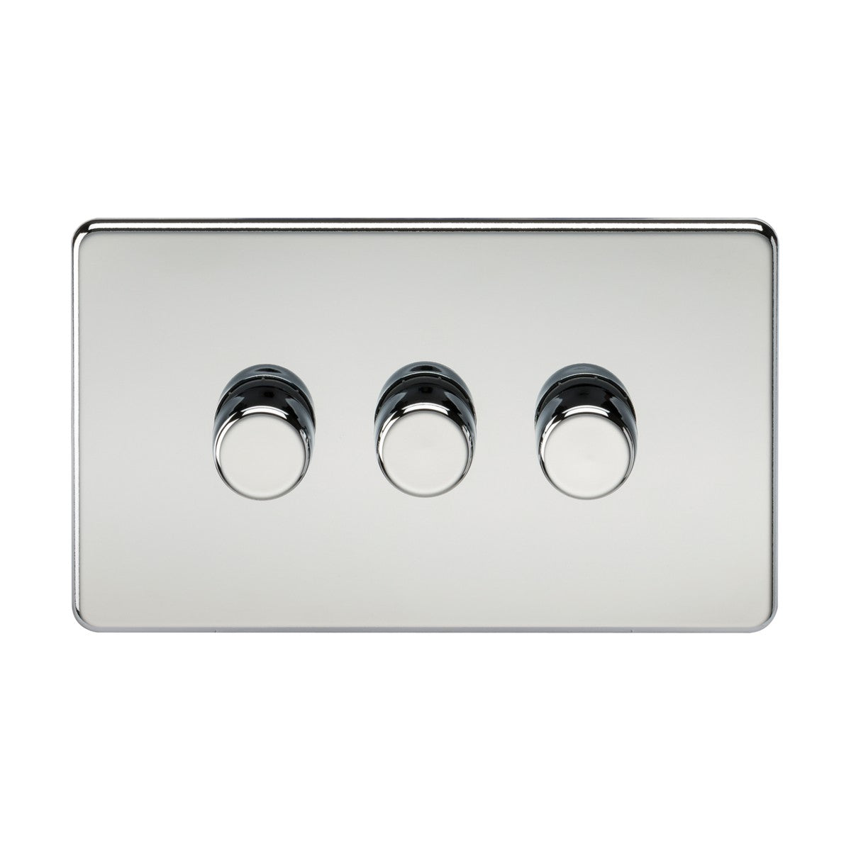 The 3 Gang 2-Way Intelligent Dimmer in polished chrome boasts a screwless low-profile metal design, featuring three evenly spaced round toggle switches. Its reflective surface enhances the modern and minimalistic aesthetic.