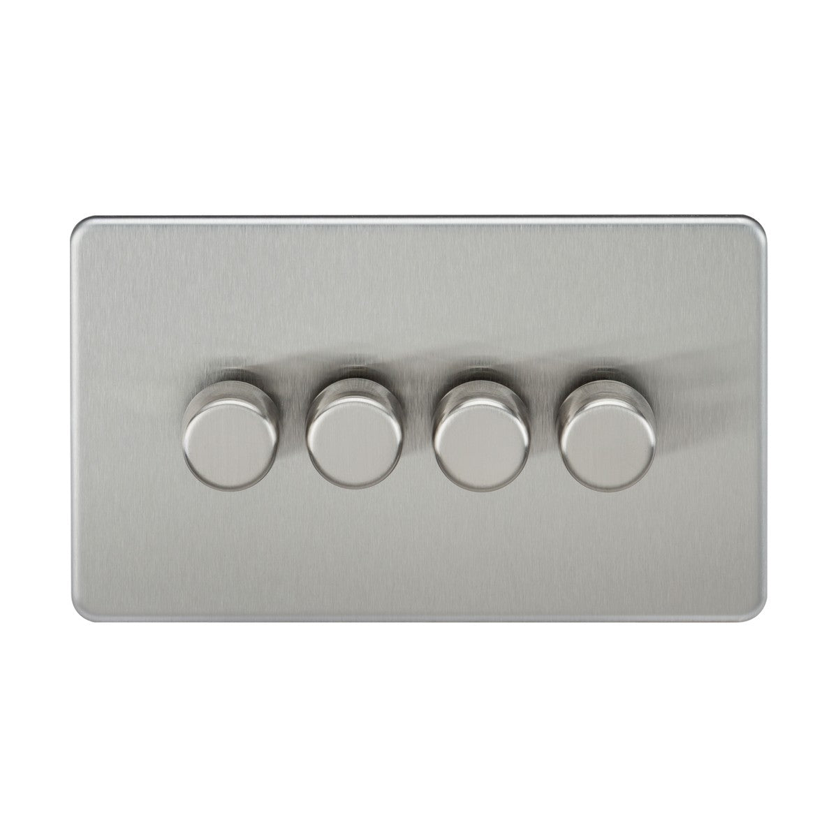 The 4 Gang 2-Way Intelligent Dimmer in Brushed Chrome offers a sleek, modern design with a screwless low-profile rectangular plate featuring four evenly spaced circular knobs. This sophisticated dimmer solution provides advanced overload protection for enhanced safety.