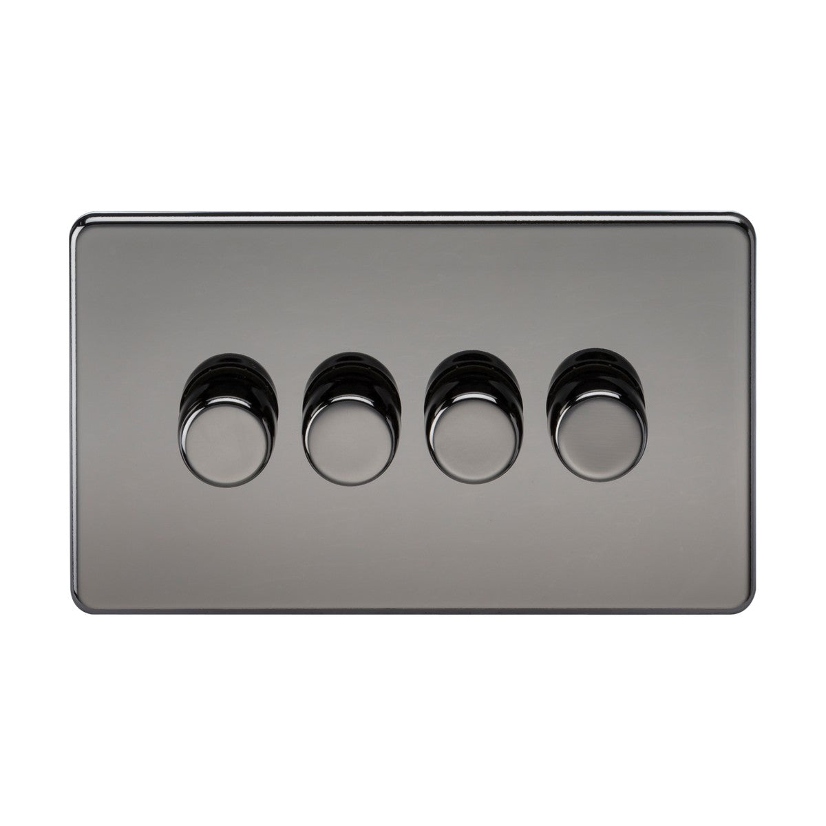A sleek, modern black nickel 4 Gang 2-Way Intelligent Dimmer with rotary dimming features, suited for 10-200W (5-150W LED) loads, on a white background, showcasing its low-profile design.