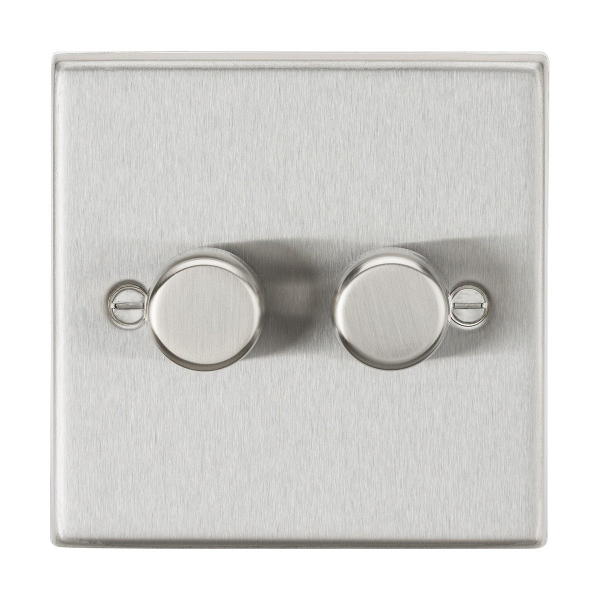 The 2 Gang 2-Way 10-200W (5-150W LED) Intelligent Dimmer in Brushed Chrome features a stainless steel double dimmer light switch with trailing-edge mode and a minimalistic, modern design. It has symmetrically placed round knobs on a square metal plate, with visible screws on either side for a sleek appearance.