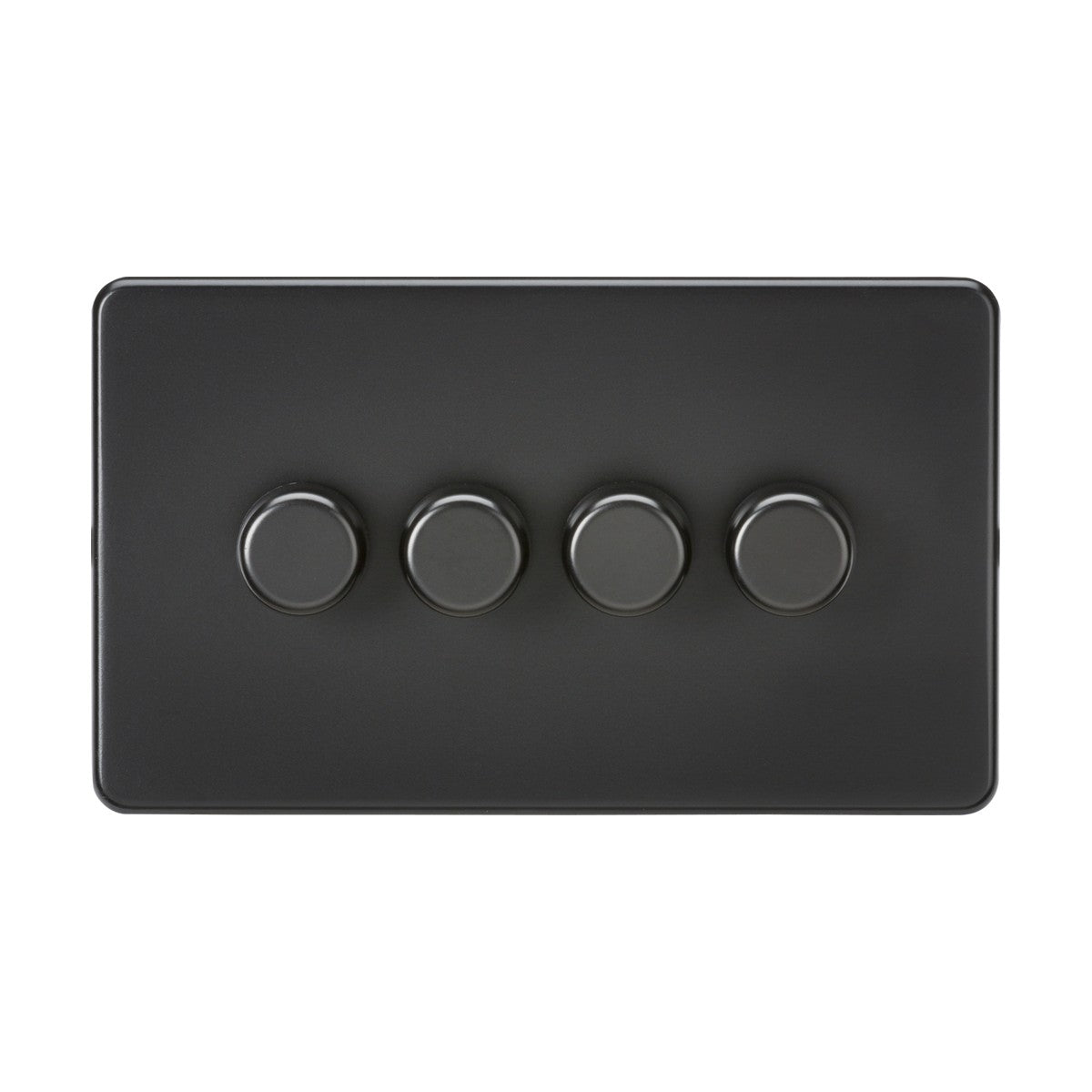 Introducing the 4 Gang 2-Way 10-200W (LED 5-150W) Intelligent Dimmer in Matt Black: this stylish rectangular panel features four round dimmer knobs aligned horizontally, perfect for controlling dimmable lamps. Its smooth, glossy surface and screwless dimmers create an effortlessly modern and minimalist design.