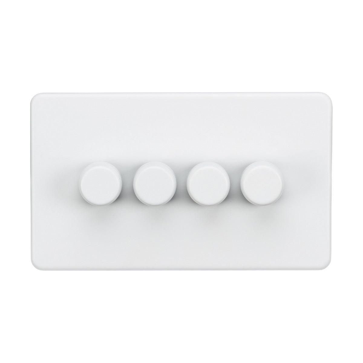 The 4 Gang 2-Way Intelligent Dimmer in Matt White offers a sleek design with its rectangular panel and four screwless dimmer knobs arranged horizontally, providing precise lighting adjustments through advanced trailing-edge technology.