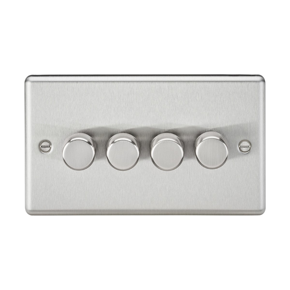 Image of a brushed chrome wall plate with rounded edges featuring a 4 gang 2-way intelligent dimmer. Each knob allows for smooth rotary dimming, offering seamless control to adjust light intensity from 10-200W (5-150W LED).