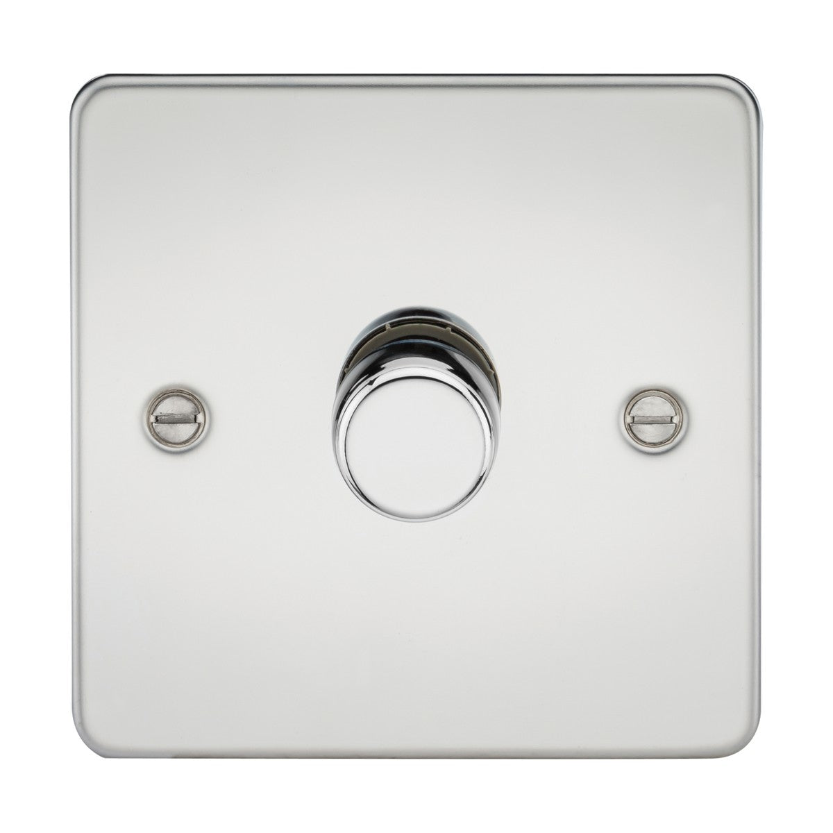 The 1 Gang 2-Way 10-200W (5-150W LED) Intelligent Dimmer in polished chrome features a sleek square design with a central circular knob. Designed with a low-profile flat plate, it mounts on the wall and has two visible screws, making it ideal for controlling dimmable lamps.