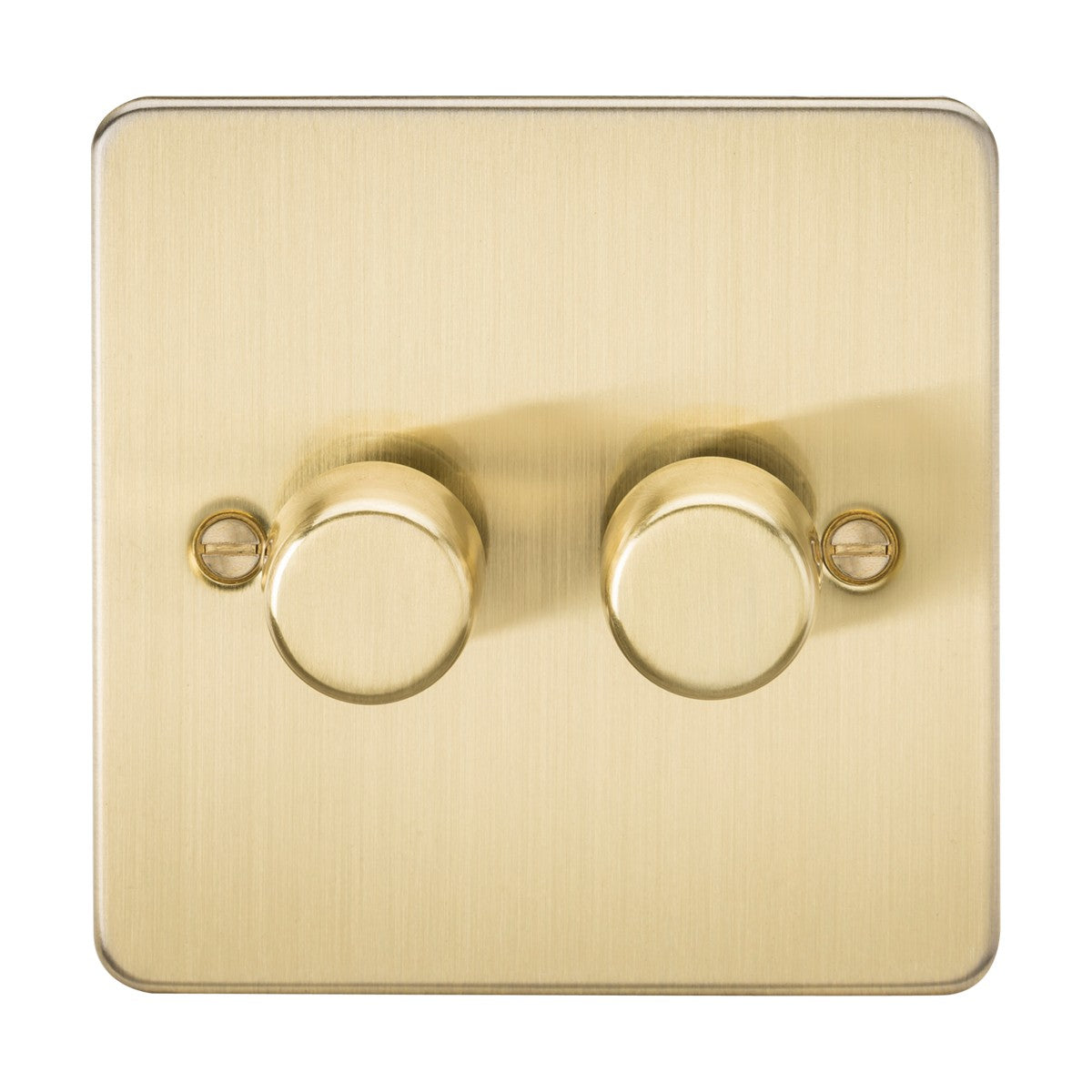 The 2 Gang 2-Way Intelligent Dimmer features a square brushed brass finish with two round knobs, perfect for dimmable lamps (10-200W, 5-150W LED), combining style and functionality on a sleek flat plate.