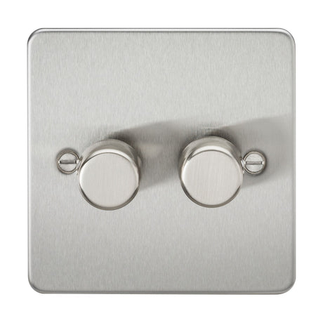 The 2 Gang 2-Way 10-200W (5-150W LED) Intelligent Dimmer in brushed chrome combines modern aesthetics and precise light control with its sleek, wall-mounted design featuring two circular knobs on a flat plate, designed in trailing-edge mode.