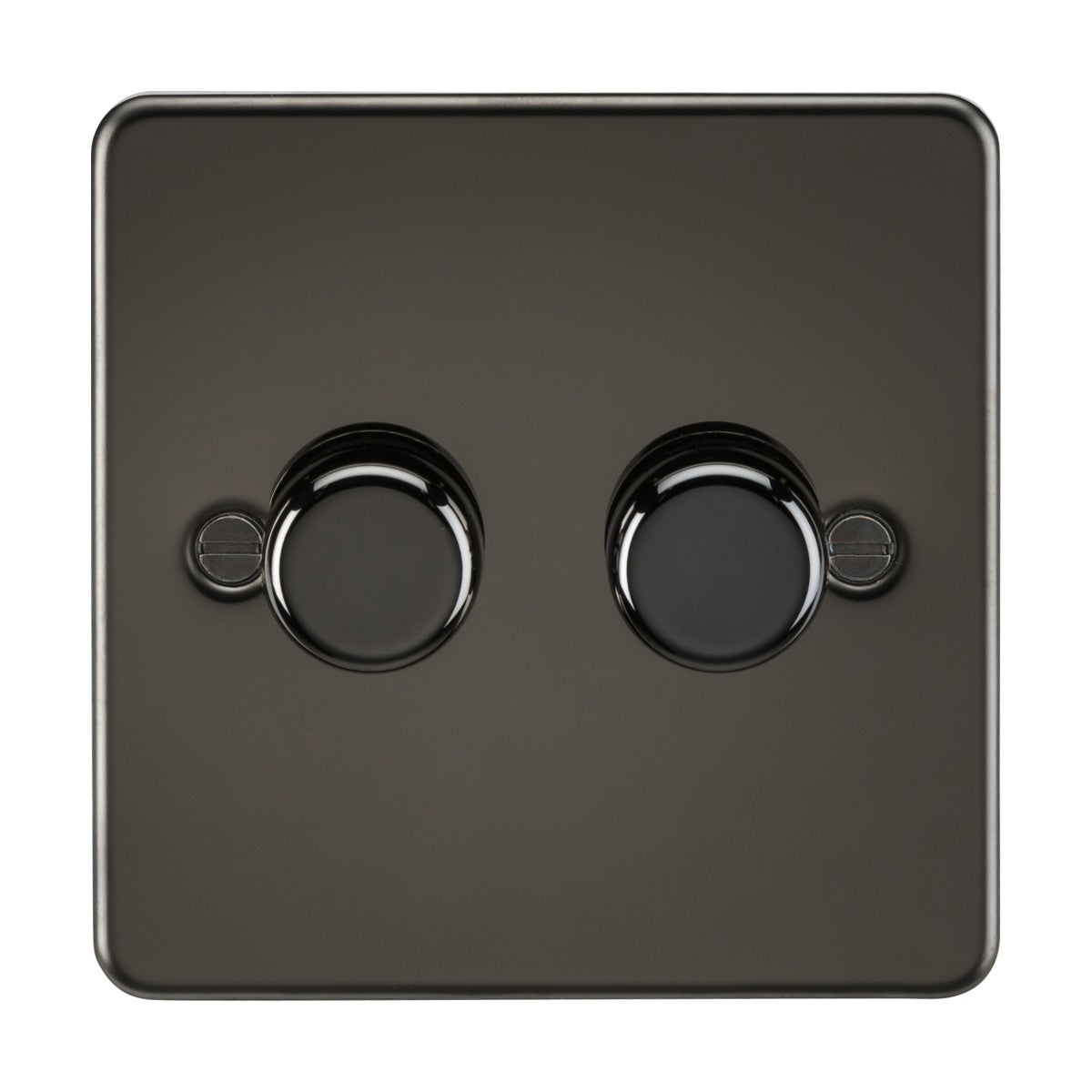 A sleek, minimalist black square double dimmer light switch with gunmetal knobs and two screws is showcased on a white background. This is the 2 Gang 2-Way 10-200W (5-150W LED) Intelligent Dimmer - Gunmetal (Flat Plate).