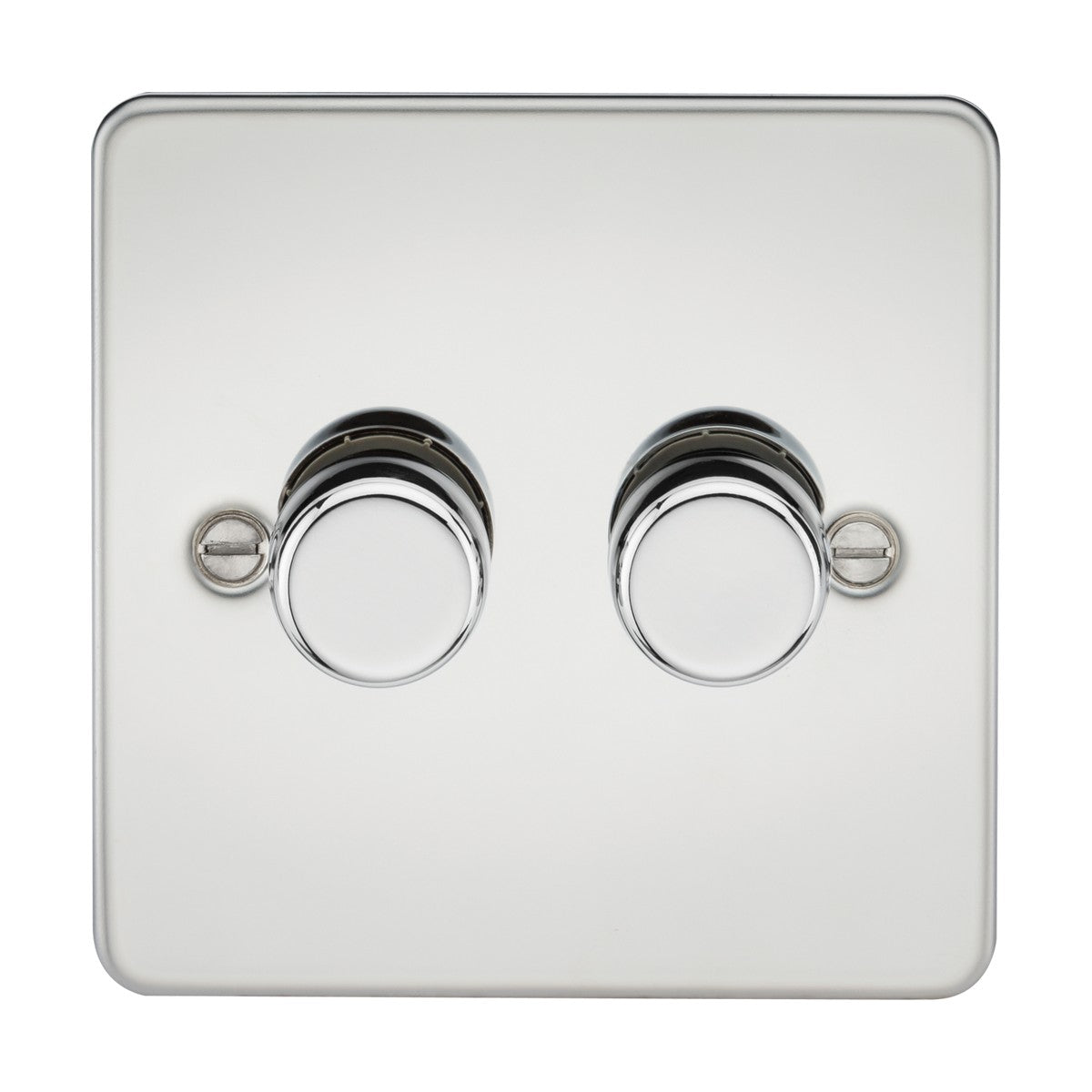 A close-up image showcases the 2 Gang 2-Way 10-200W (5-150W LED) Intelligent Dimmer, featuring two circular knobs on a shiny, rectangular polished chrome flat plate. The sleek design includes low-profile screws on each side for easy mounting.