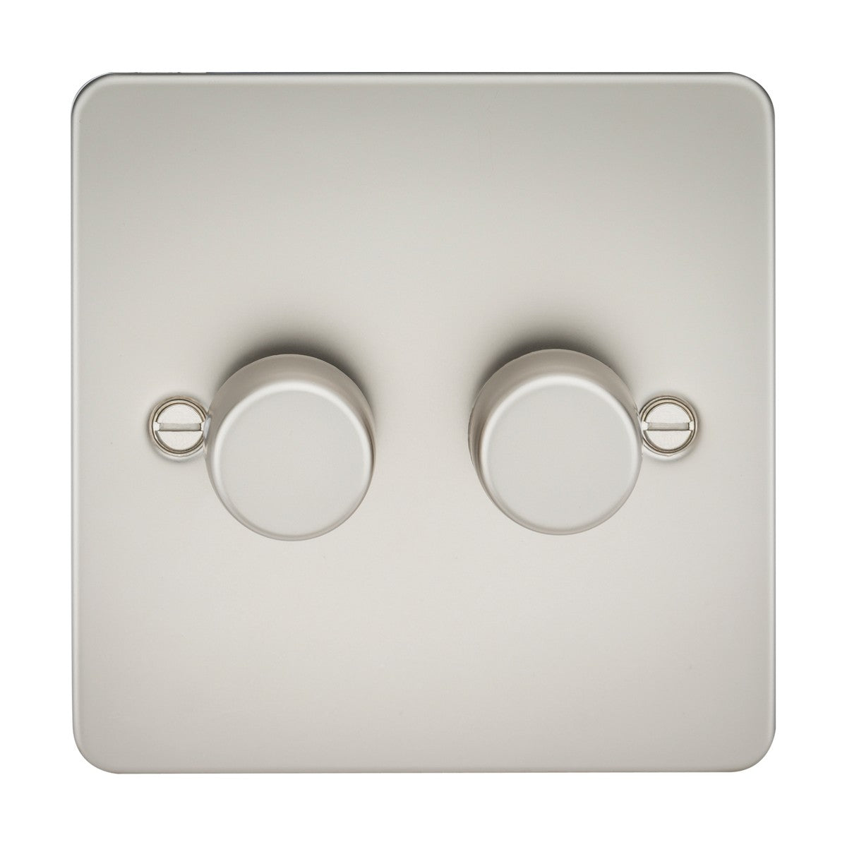 A close-up of the 2 Gang 2-Way 10-200W (5-150W LED) Intelligent Dimmer - Pearl (Flat Plate) shows a metallic finish with two round knobs on a square plate with visible screws, supporting both trailing-edge and leading-edge modes for optimal lighting control.