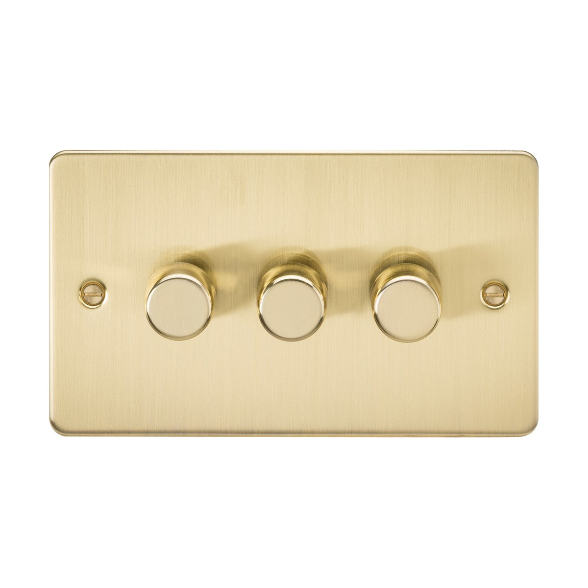 The 3 Gang 2-Way 10-200W (5-150W LED) Intelligent Dimmer in a brushed brass finish presents three round knobs, artfully centered against a plain white backdrop. This flat plate dimmer operates in trailing-edge mode, ensuring a seamless lighting experience.