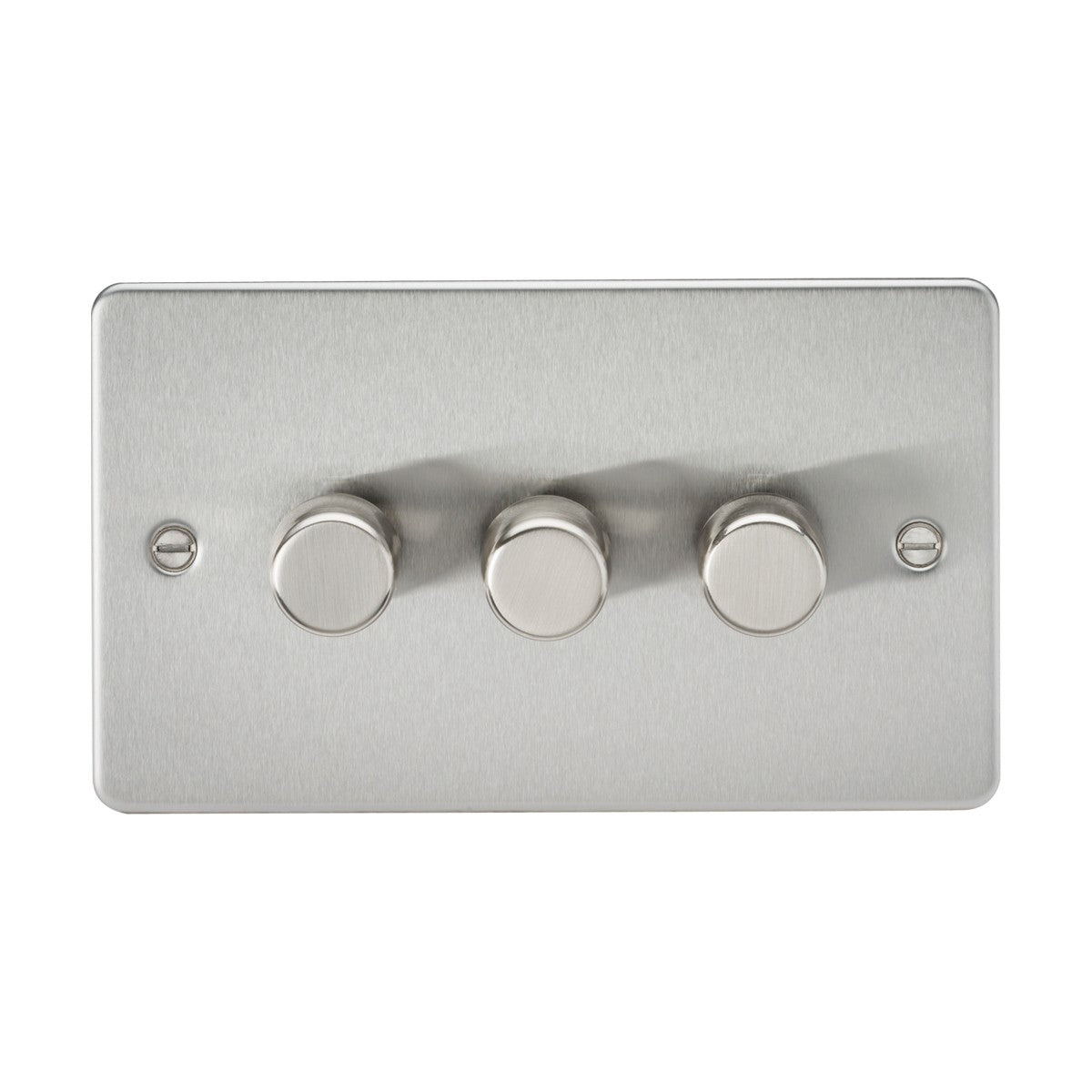 The 3 Gang 2-Way 10-200W (5-150W LED) Intelligent Dimmer in brushed chrome presents a flat plate design with three horizontally aligned round dials, providing trailing-edge mode for smooth lighting control.