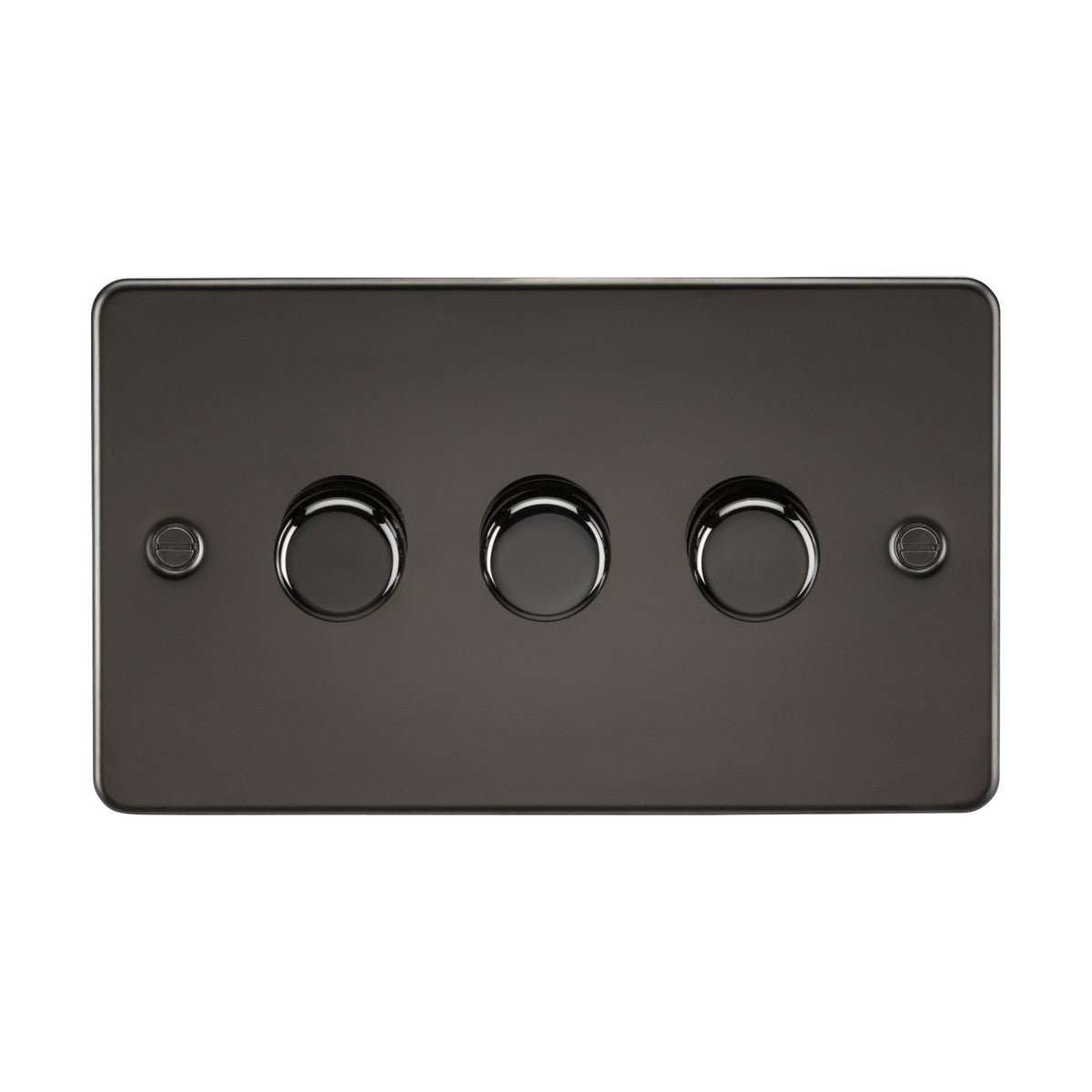 A sleek gunmetal triple light switch panel with a low-profile design, featuring three circular buttons aligned horizontally in the center of a rectangular frame. This 3 Gang 2-Way 10-200W (5-150W LED) Intelligent Dimmer is compatible with dimmable lamps and provides versatile lighting control.