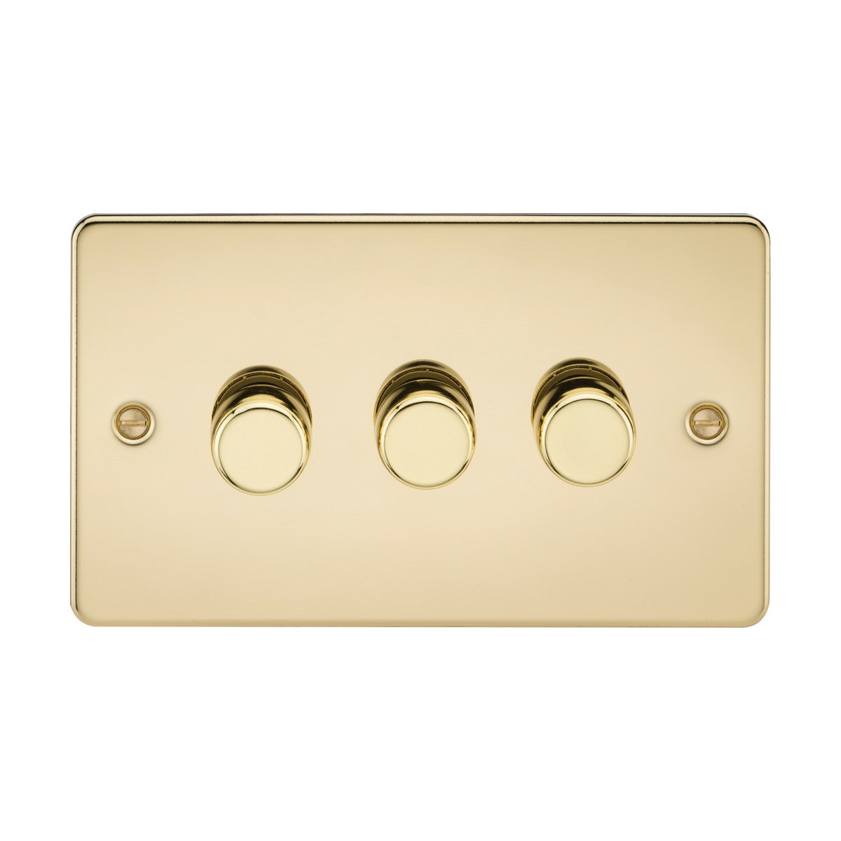 The 3 Gang 2-Way 10-200W (5-150W LED) Intelligent Dimmer in Polished Brass features a sleek flat plate design with three centered round dimmer knobs. Its reflective surface enhances elegance and supports trailing-edge mode for seamless operation. It includes two small screw holes on each side for easy mounting.