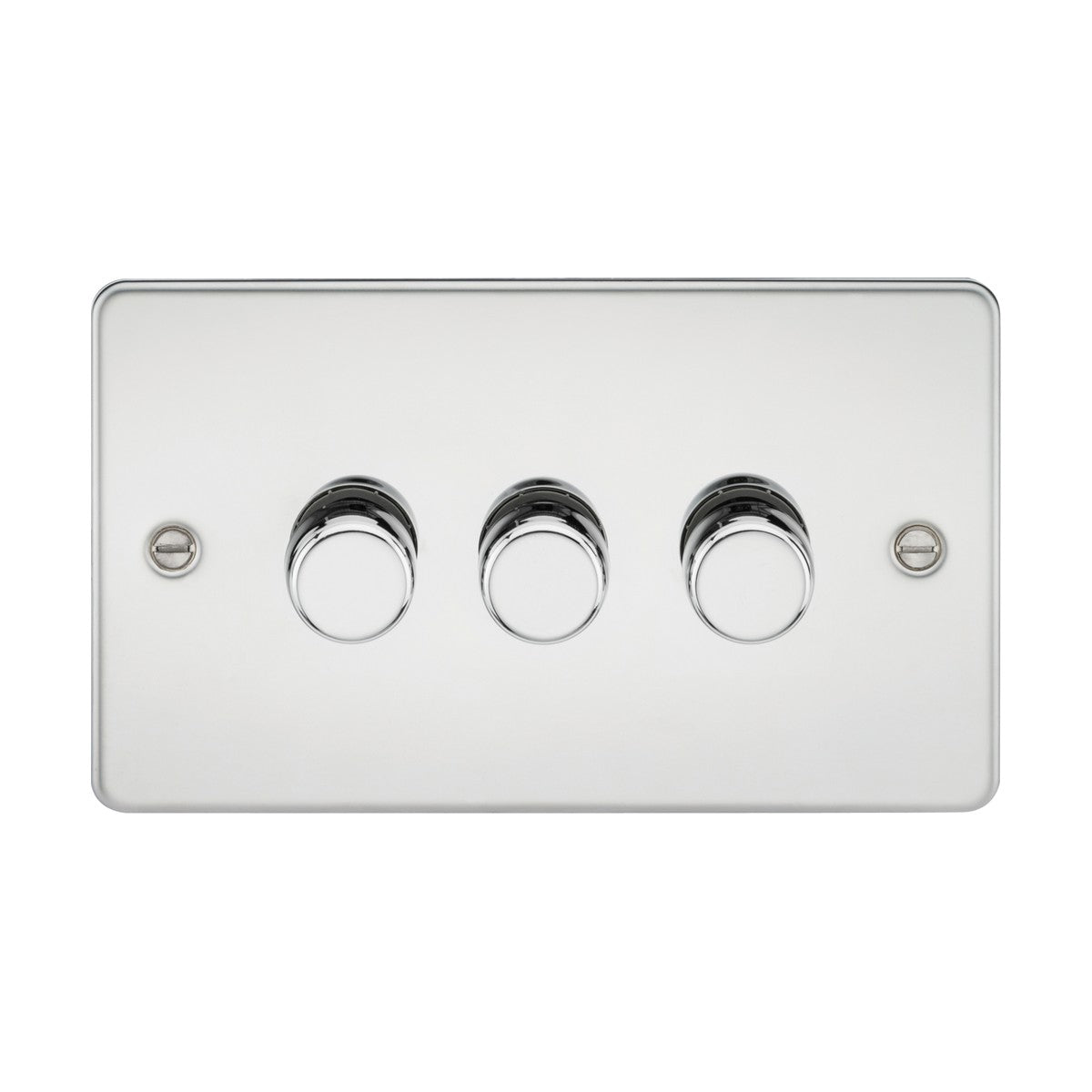 Introducing the sleek and modern 3 Gang 2-Way 10-200W (5-150W LED) Intelligent Dimmer in Polished Chrome, featuring a refined flat plate design with three toggle switches. This elegant dimmer includes visible screws on each side, enhancing its polished chrome finish.