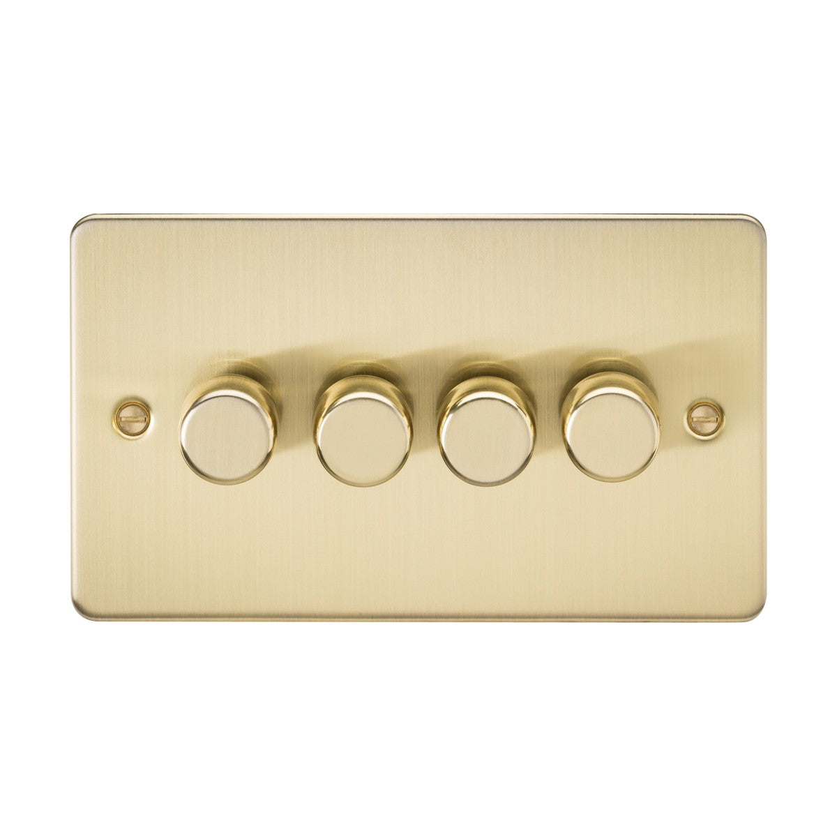 The 4 Gang 2-Way 10-200W (5-150W LED) Intelligent Dimmer in brushed brass showcases four polished, round knobs aligned horizontally on a flat plate. It's installed with visible screws and provides seamless dimming in trailing-edge mode.