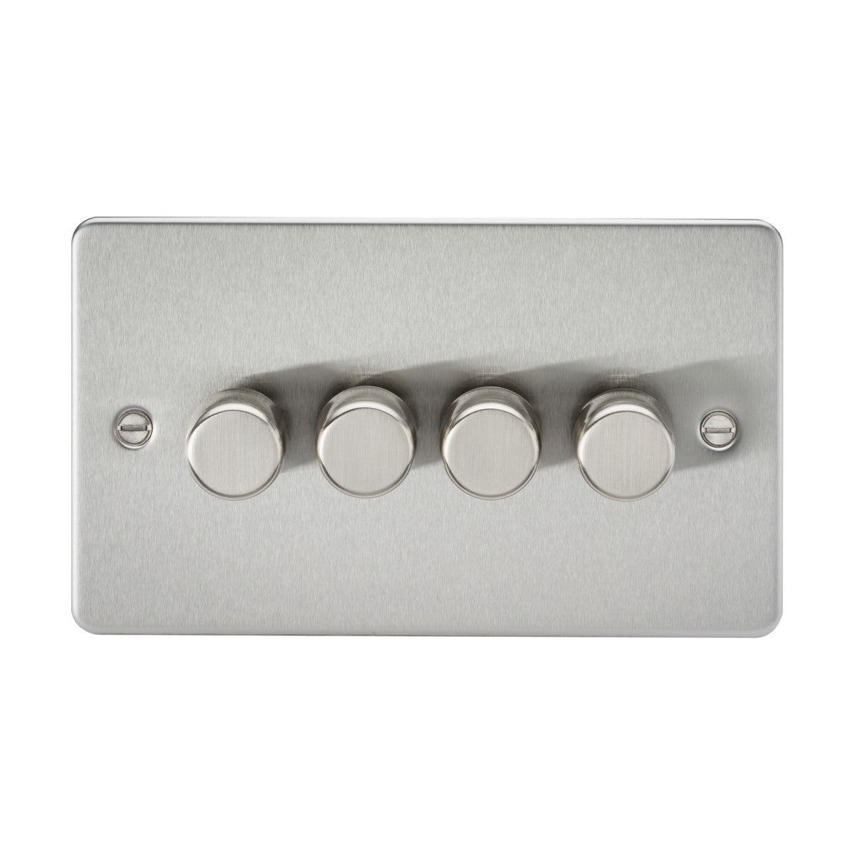 A rectangular metallic light switch panel with four round dimmer knobs, evenly spaced, operates in trailing-edge mode for smooth control. This 4 Gang 2-Way Intelligent Dimmer has a brushed chrome finish and features two visible screws, one on each side.