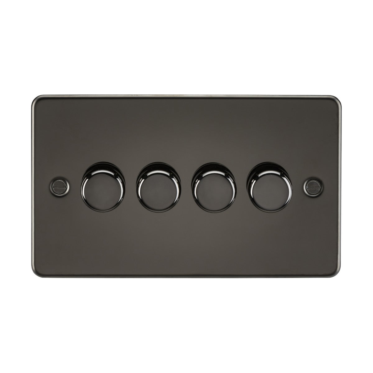 Introducing the 4 Gang 2-Way Intelligent Dimmer in Gunmetal, featuring four round, evenly spaced dimmer knobs. This sleek and modern flat plate design boasts a glossy finish, offering an elegant dimming solution set against a plain white background. Suitable for both 10-200W and 5-150W LED applications.