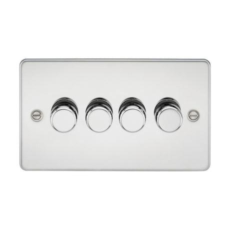 The 4 Gang 2-Way 10-200W (5-150W LED) Intelligent Dimmer in polished chrome showcases four round push buttons arranged horizontally. With its sleek and modern design, this flat plate unit provides a dimming solution and includes mounting with two visible screws on each side.