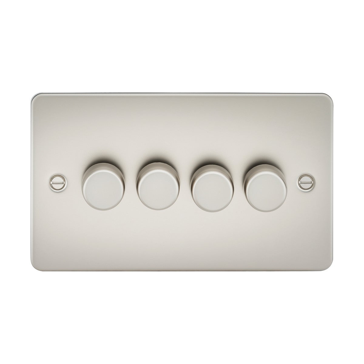 The 4 Gang 2-Way Intelligent Dimmer in a Pearl finish is a rectangular flat plate dimmer with four round knobs, offering trailing-edge mode for smoother control. It is secured to the wall with two screws, one on each end of the plate.