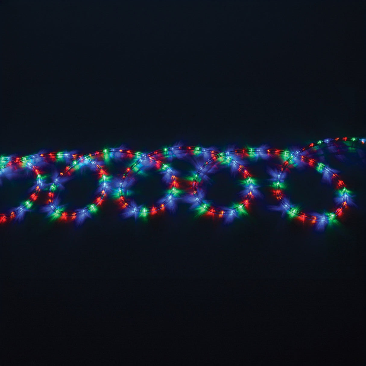 The LYYT 230V IP44 LED Rope Light 50m - Multicoloured features an array of blue, red, and green bulbs that form overlapping circular patterns against a dark background, highlighting its vibrant charm and weather-resistant design.