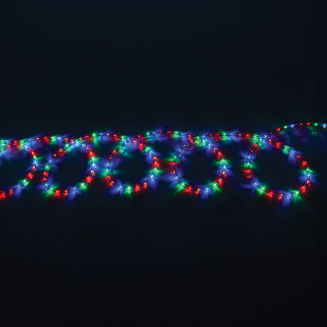 The LYYT 230V IP44 LED Rope Light 50m - Multicoloured features an array of blue, red, and green bulbs that form overlapping circular patterns against a dark background, highlighting its vibrant charm and weather-resistant design.