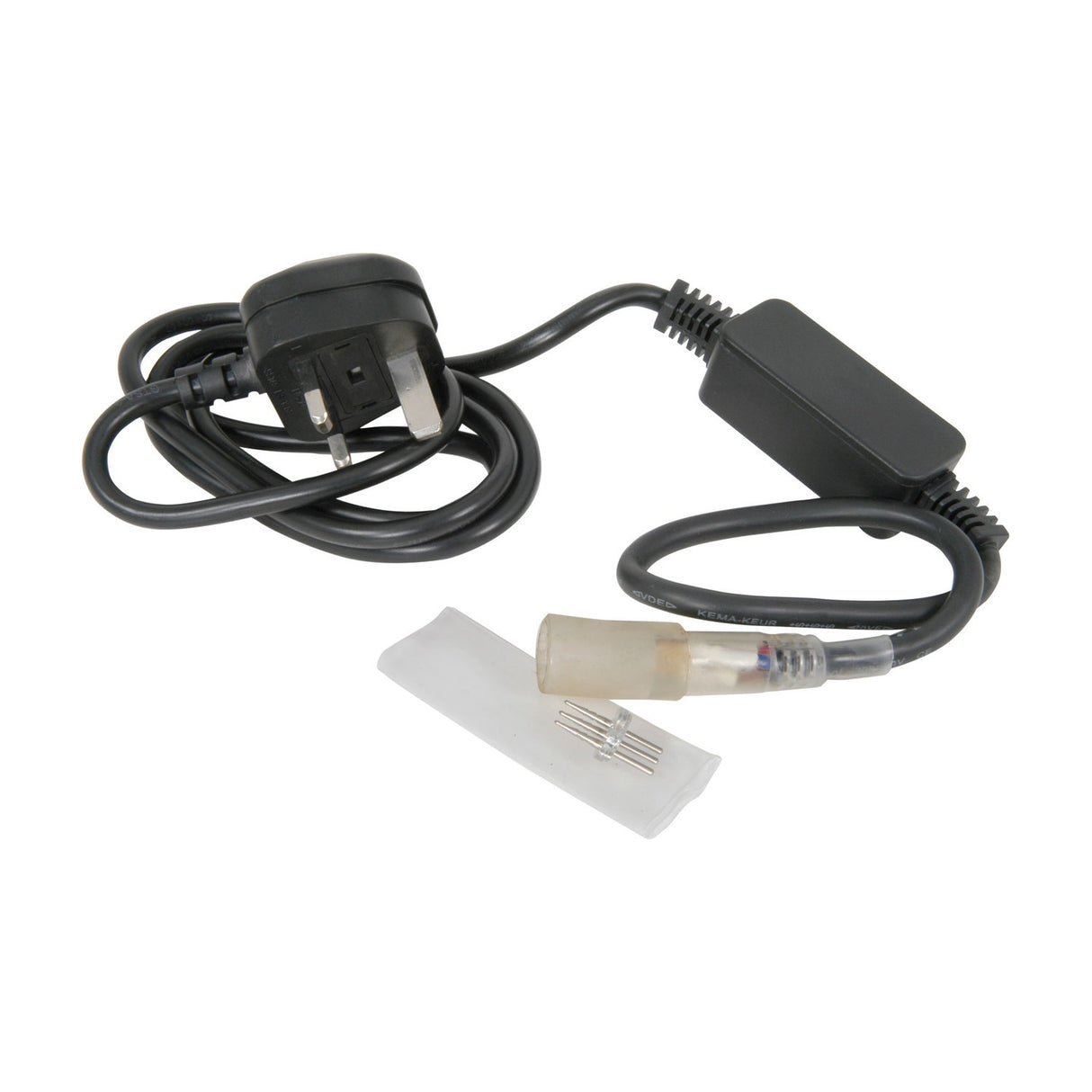 LYYT 3-pin LED rope light power cable with UK plug, 1.5m black lead, inline connector, heat-shrink sleeving and pin shown on a white background.