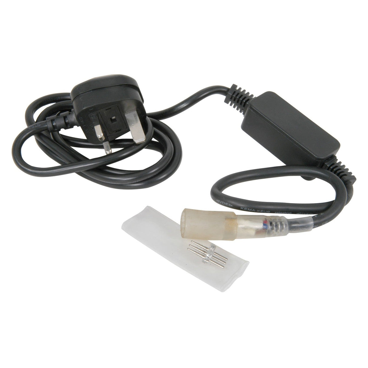 Introducing the LYYT LED Ropelight 3-Pin Power Cable - 1.5m: This black UK plug-in power adapter features a coiled power cable connected to a clear plastic pin connector. Accompanying it is a small, clear plastic packet filled with several metal pins, ideal for securing your setup seamlessly.