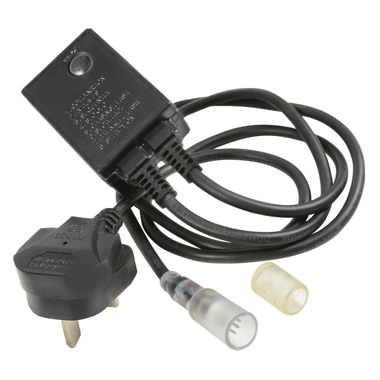 The image depicts an LYYT 3-Wire LED Rope Light Controller with a power cord featuring a plug on one end and a rectangular adapter component. Additionally, the controller includes an IP44 weatherproof feature, with one connector having a transparent covering and the other in yellow.