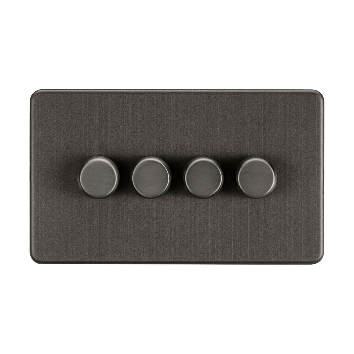 A sleek, screwless low profile smoked bronze rectangular light switch panel that features four round, evenly spaced trailing-edge dimmer knobs.