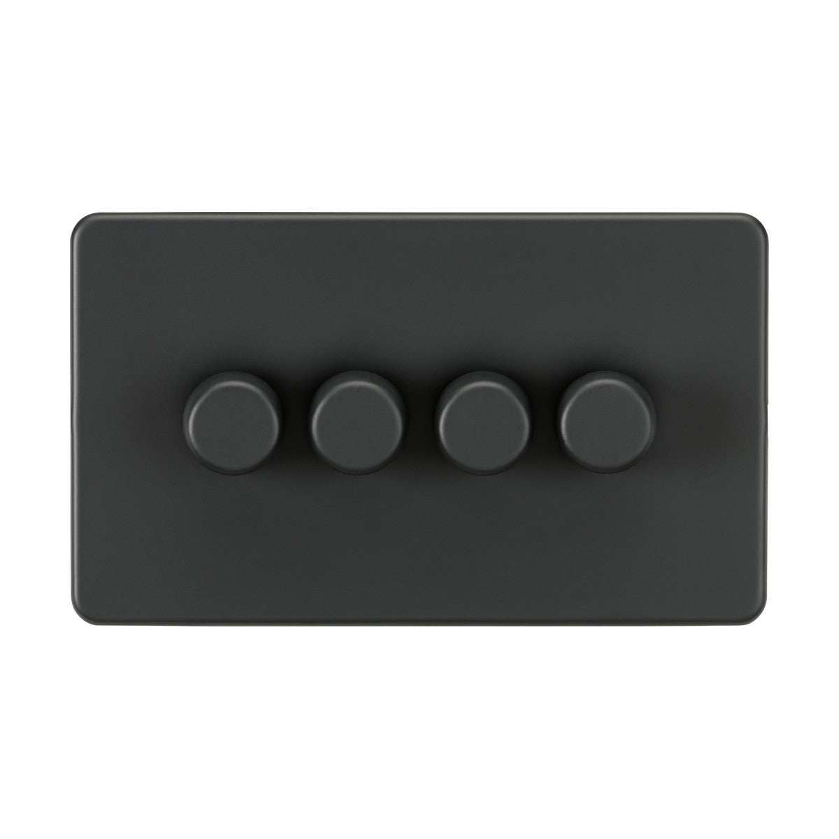 An anthracite rectangular panel featuring four evenly spaced, round black dimmer knobs designed in a screwless dimmer style.