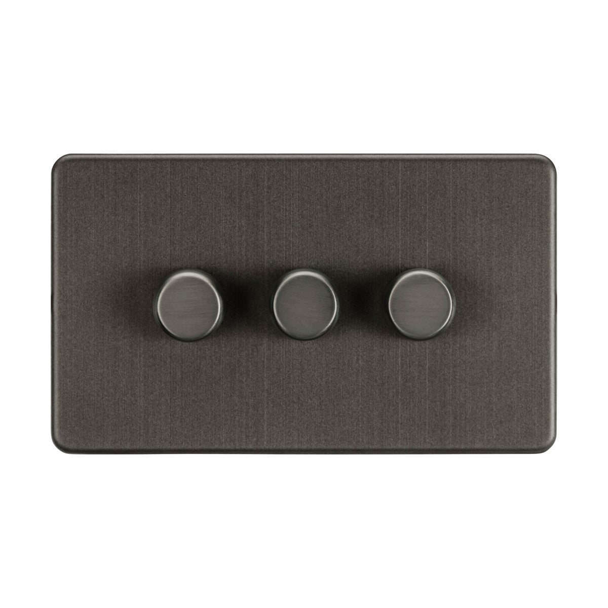 Introducing the 3 Gang 2-Way 10-200W (5-150W LED) Intelligent Dimmer in Smoked Bronze, a stylish addition to any room. This wall-mounted dimmer switch plate features three round knobs and boasts a screwless low profile design with a brushed finish for a sleek, modern appearance. It offers versatile lighting control by supporting both trailing-edge and leading-edge modes.