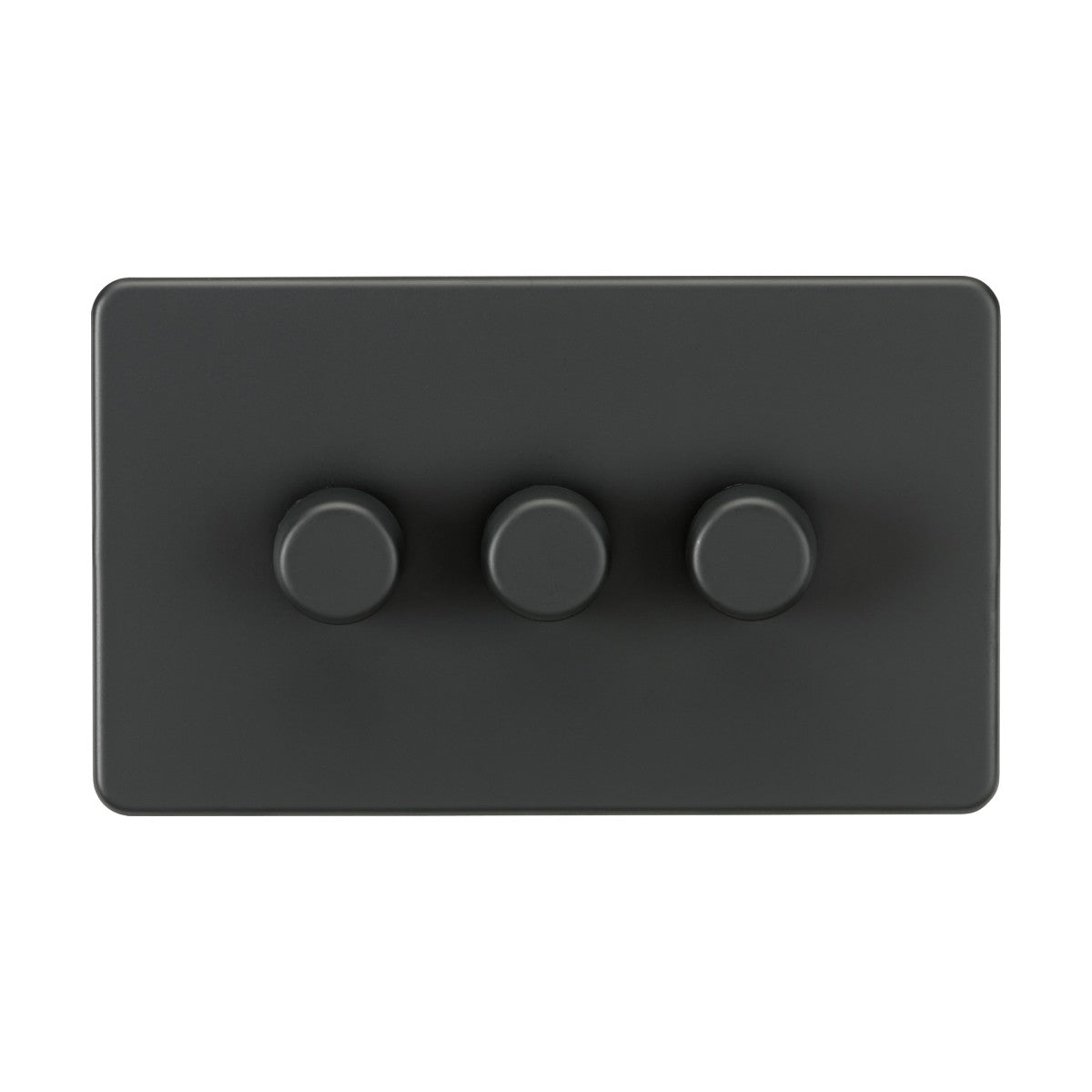 Introducing the 3 Gang 2-Way 10-200W (5-150W LED) Intelligent Dimmer in Anthracite, featuring a sleek screwless design with three evenly spaced round dimmer knobs aligned horizontally on a black rectangular panel. Its smooth, matte finish provides an elegant solution for modern interiors.