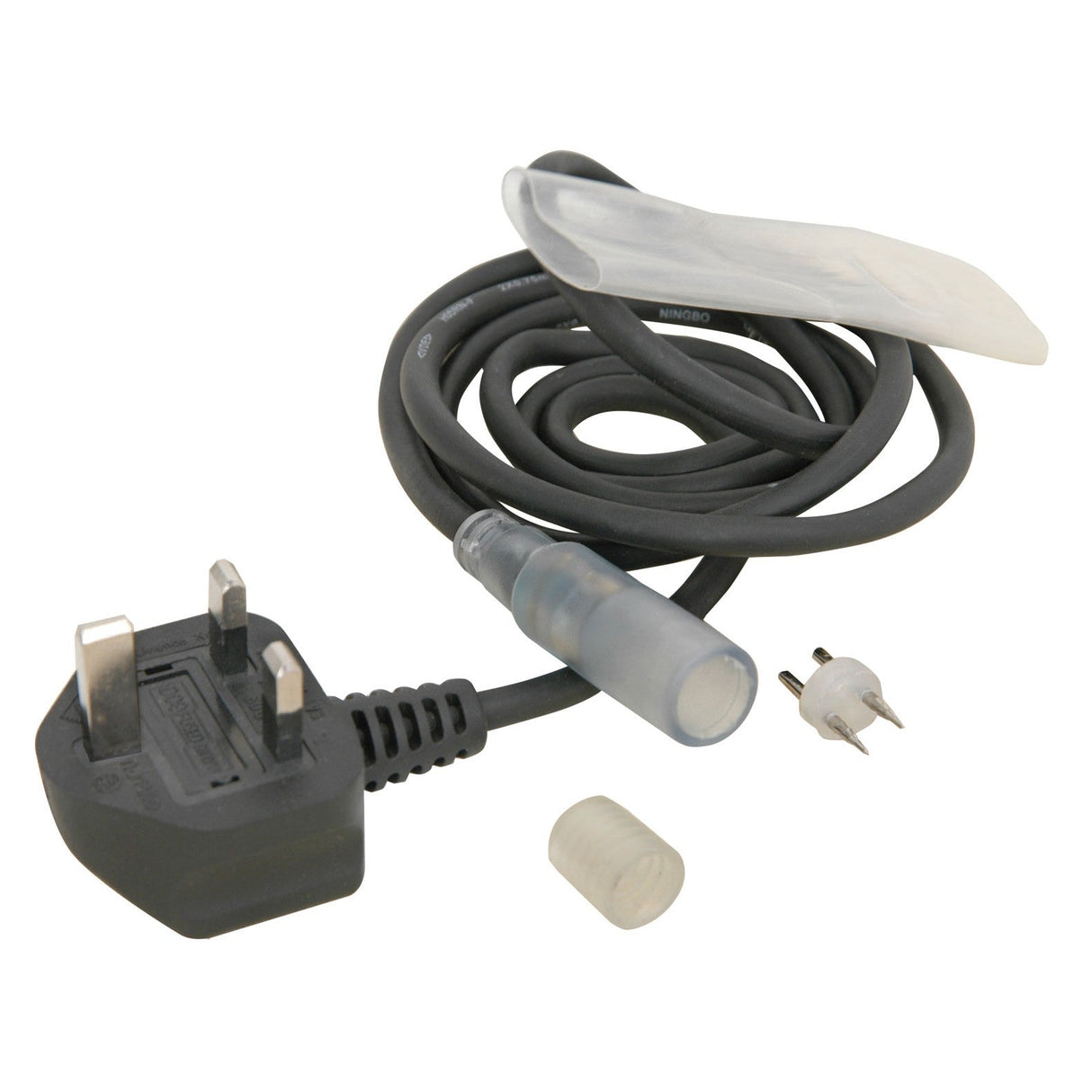 A black LYYT Rope Light Power Cable, featuring a coiled design, with a UK plug on one end and a clear 2-pin connector on the other. It comes with two small accessories: a clear cap and a plug pin protector.