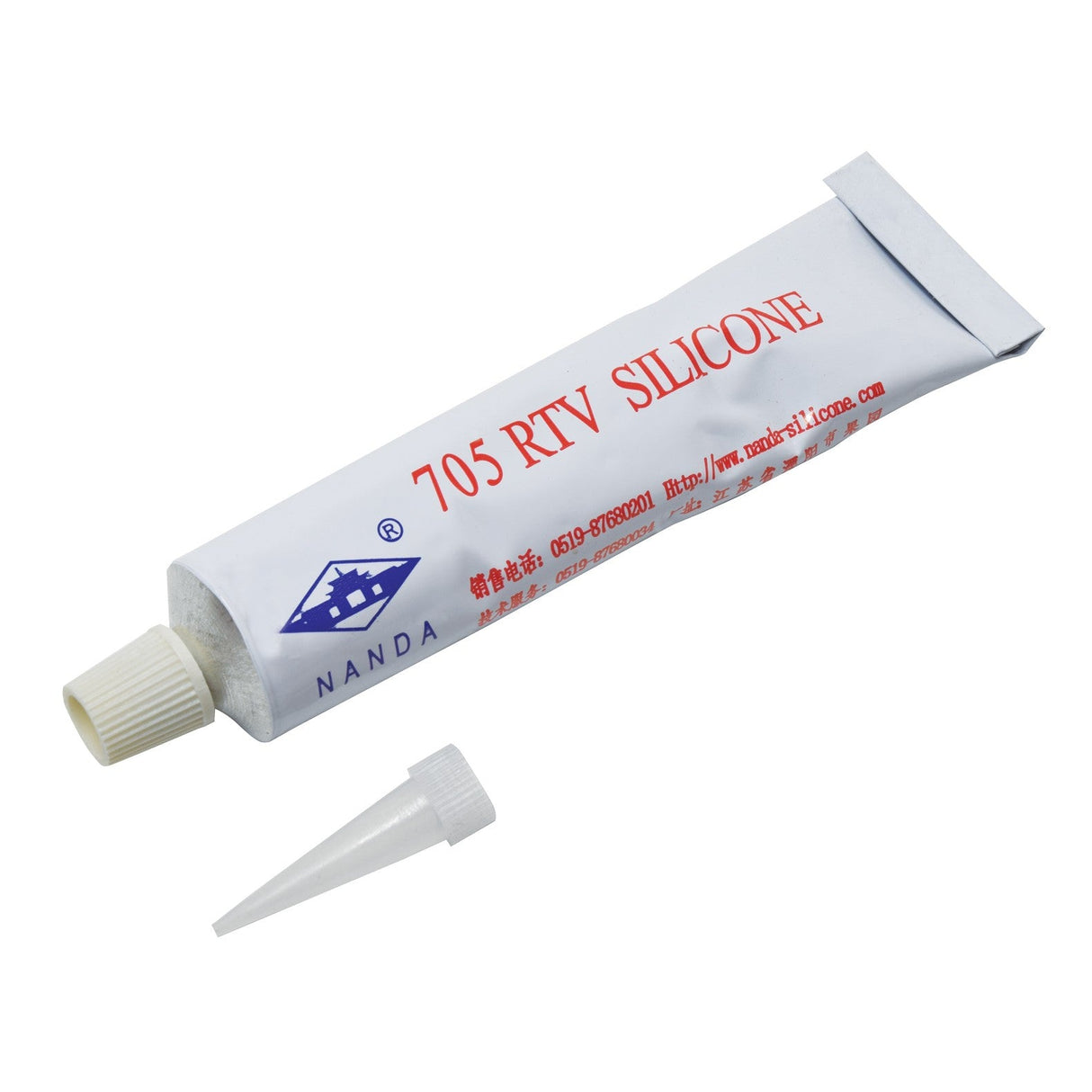 A white tube of LYYT RTV Silicone Glue featuring red text and a blue logo is displayed. The cap is off, with a nozzle positioned nearby, ready for use—perfect for securing LED strips or rope lights with precision.