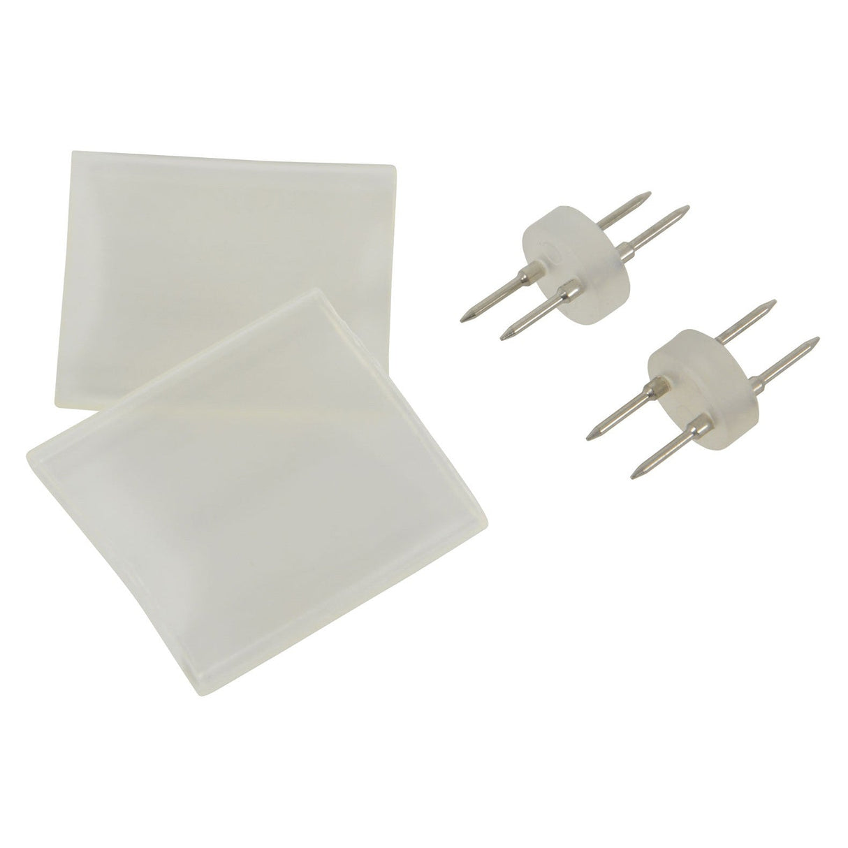 Two transparent silicone ice cube molds, along with a pair of LYYT Couplers With Sleeves featuring dual-pronged adapters, rest on a plain white background. The square-shaped molds and the clear circular-based couplers offer versatile utility, perfect for creative projects or incorporating into LED rope light setups.