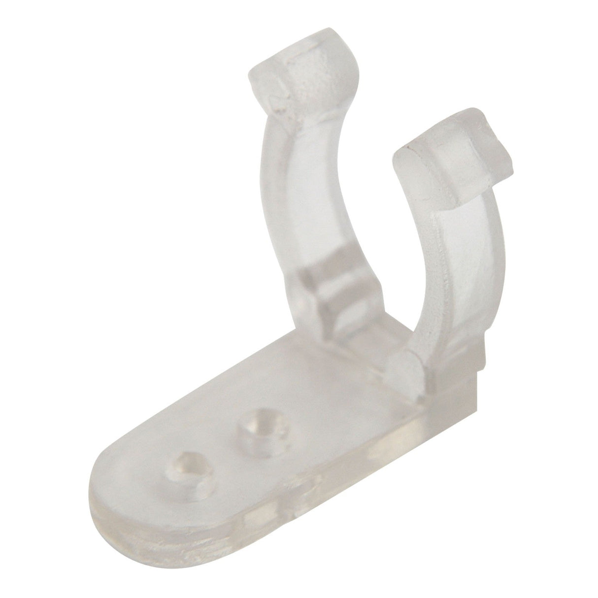 The LYYT Mounting Clip for Rope & Tube Light is a clear plastic holder with a curved design, perfect for securing tube or rope lights. It includes two screw holes for easy mounting.