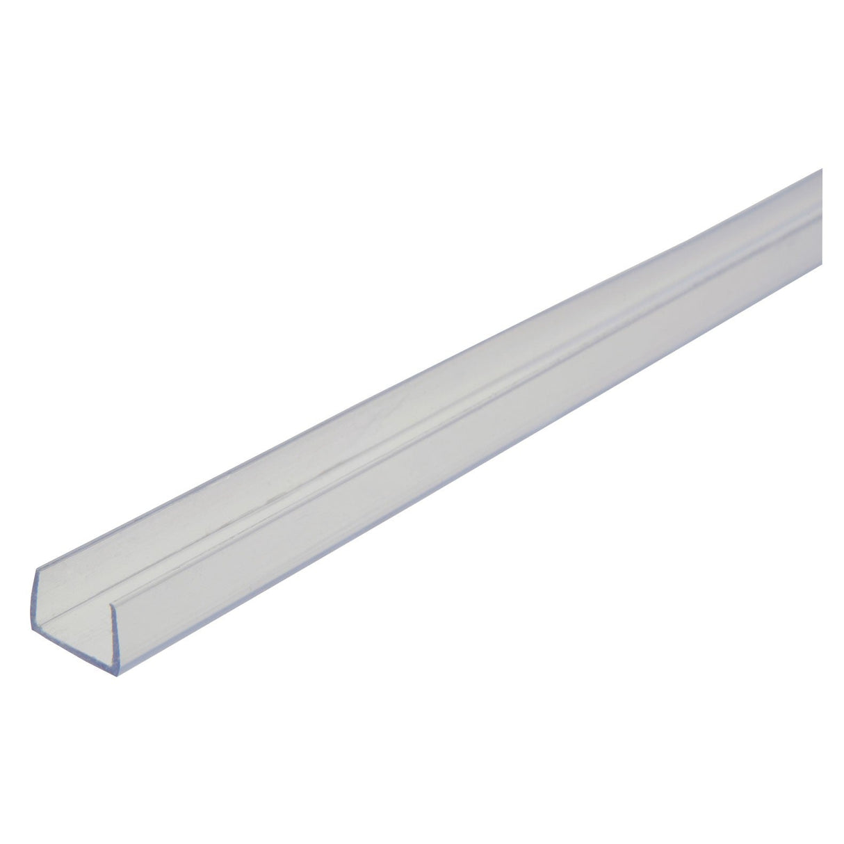 A LYYT Plastic Strip - 2m, featuring a rectangular and clear plastic design with a hollow center and straight edges, resembling a tube light mounting, is positioned diagonally on a white background.