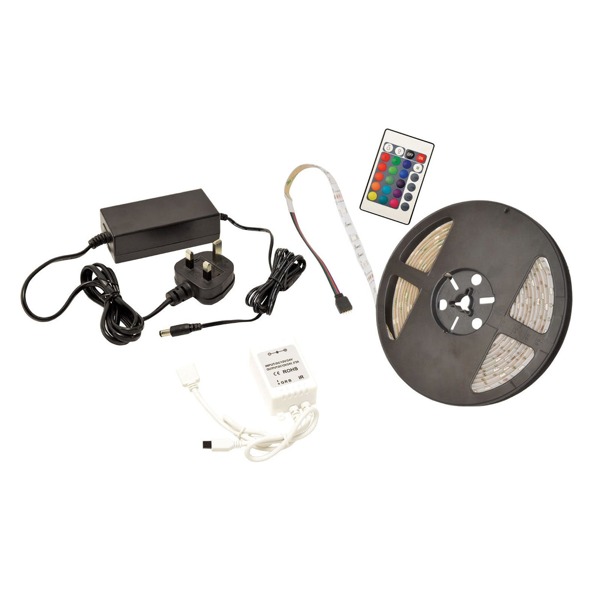 The LYYT 12V DIY IP68 LED Strip Kit 5m - RGB is showcased alongside a power adapter, controller, and remote with colorful buttons. Its self-adhesive backing allows for easy installation, providing all the essential components needed to connect and use the LED lights efficiently.