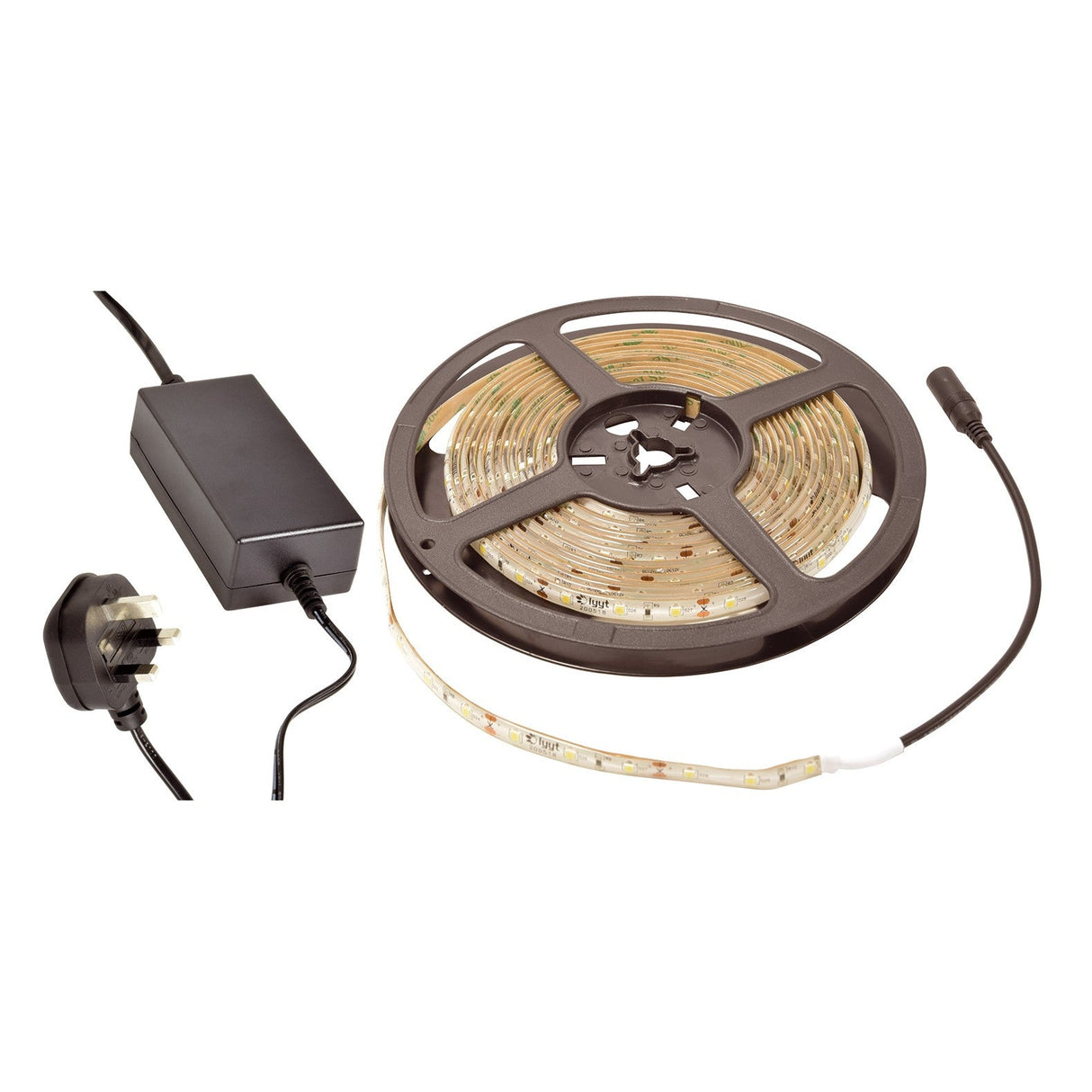 Introducing the LYYT 12V LED Strip Light Kit 5m - 6000K, a comprehensive DIY kit that includes a roll of LED tape, a power adapter, and plug. The partially unrolled strip showcases the vibrant LED bulbs along its length. A black adapter connects seamlessly to the plug via a cable for easy installation. Ideal for creative projects, this kit offers an IP65 waterproof solution.